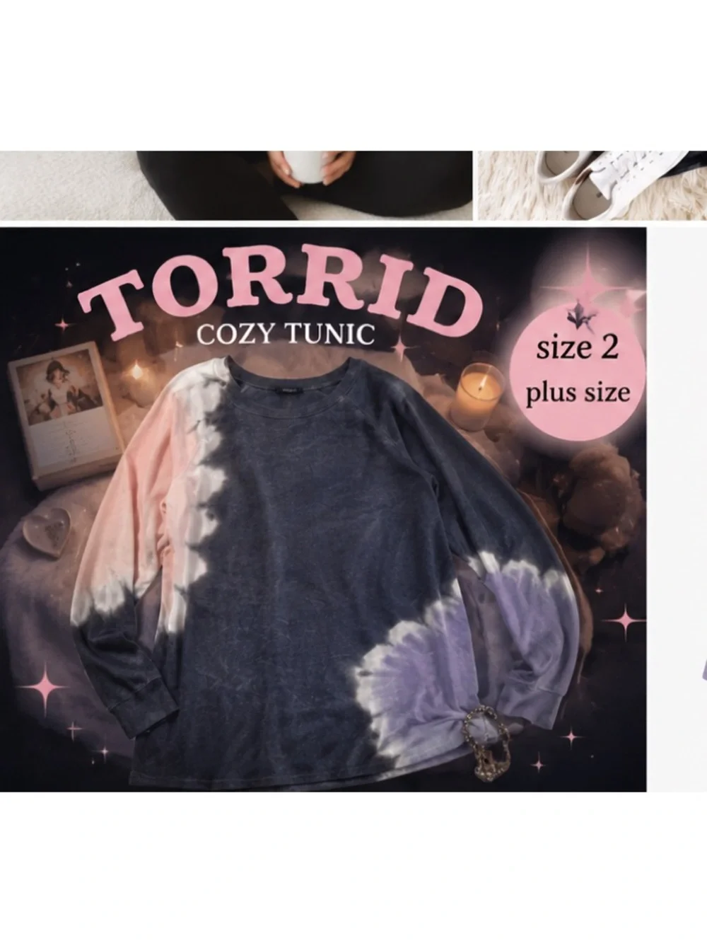 Torrid Size 2 Cozy Fleece Tie Dye Tunic Sweatshirt Gray Pink Purple Plus